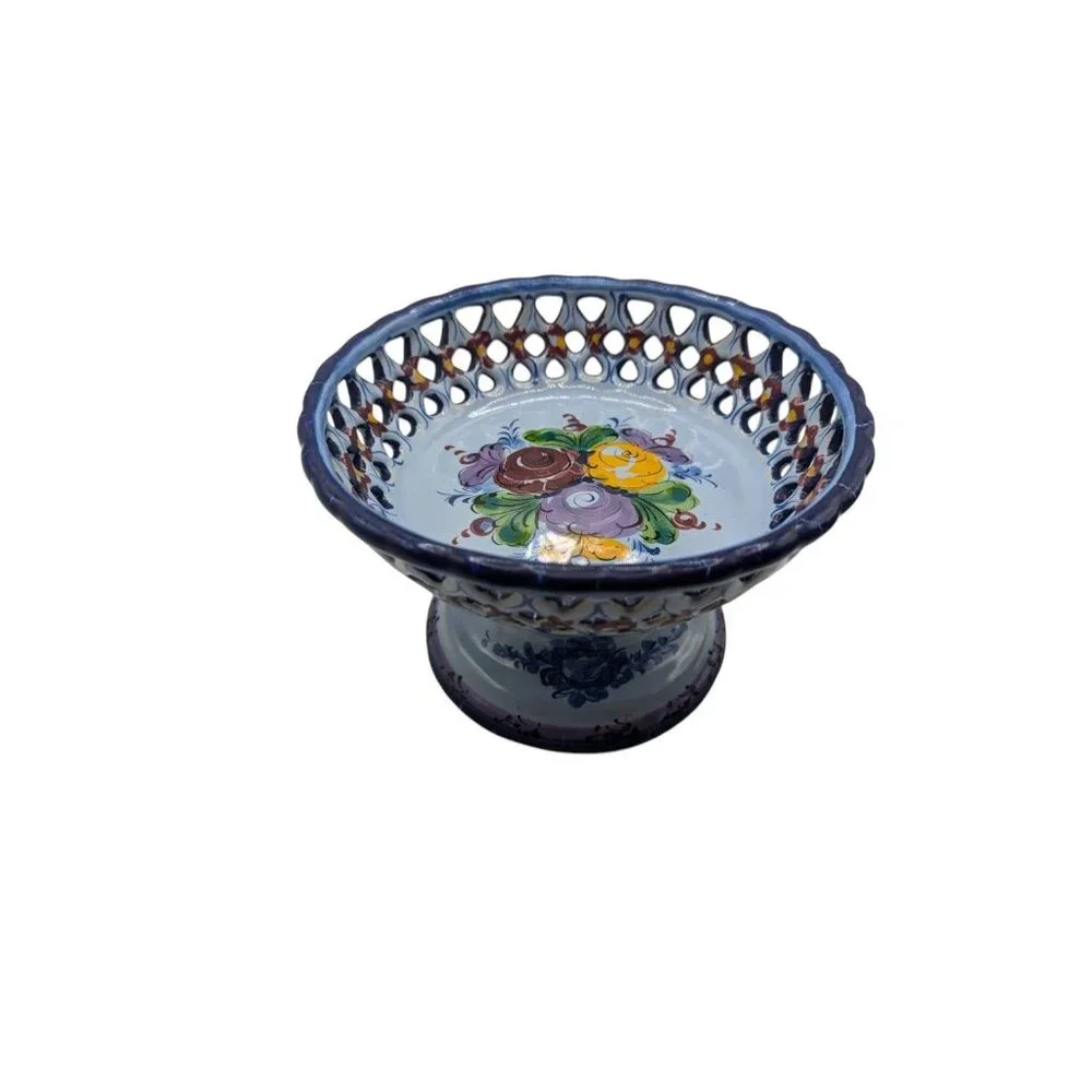 Handpainted Portugal Pottery Open Candy/Footed Compote/Footed Bowl READ